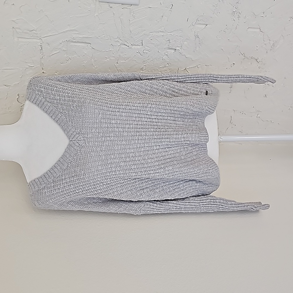​Hollister Gray Ribbed V-Neck Crop Sweater Open Back Pullover Boxy M